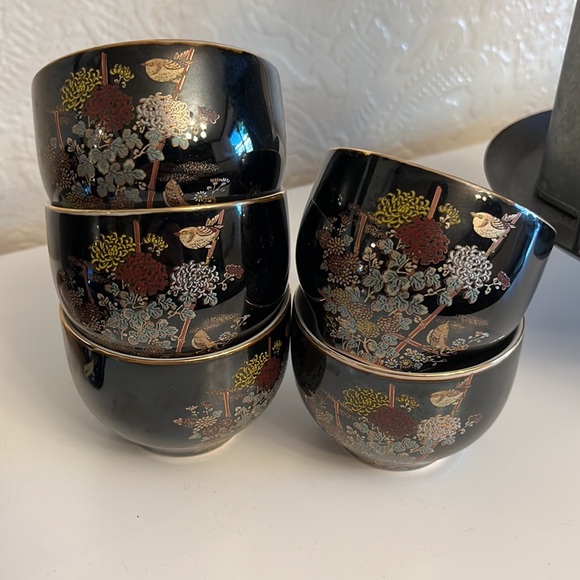 Vintage Japan Tea set black gilded floral bird teapot set with 5 gold trim cups - Picture 12 of 14